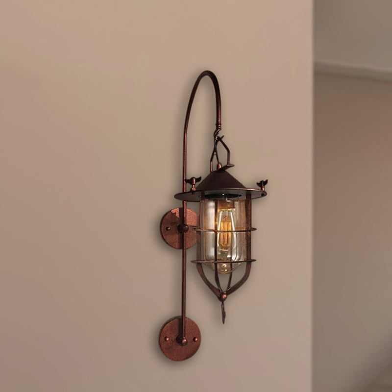 Caged Living Room Wall Light Fixture Industrial Clear Glass 1 Light Black/Rust Sconce Lamp Rust Clearhalo 'Art deco wall lights' 'Cast Iron' 'Glass' 'Industrial wall lights' 'Industrial' 'Middle century wall lights' 'Modern' 'Rustic wall lights' 'Tiffany' 'Traditional wall lights' 'Wall Lamps & Sconces' 'Wall Lights' Lighting' 255896