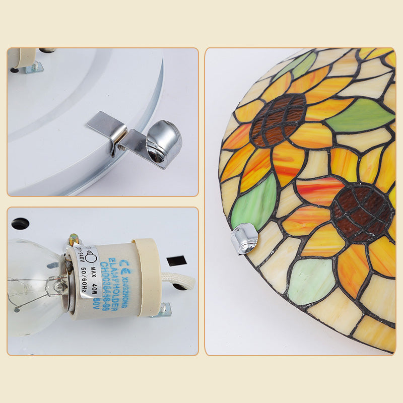 Flower&Leaf Pattern Tiffany Ceiling Light Stained Glass Shade Retro Mediterranean Style Flush Mount Lighting Fixtures for Restaurant Entrance Hall Clearhalo 'Ceiling Lights' 'Close To Ceiling Lights' 'Close to ceiling' 'Flush mount' Lighting' 2562444