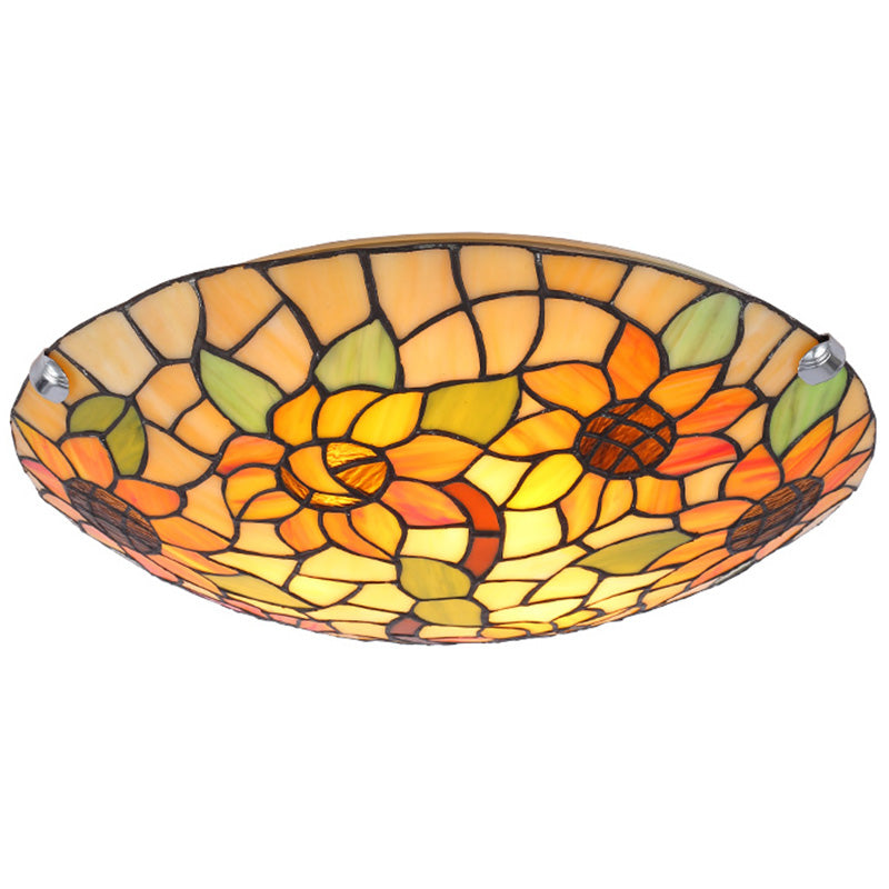 Flower&Leaf Pattern Tiffany Ceiling Light Stained Glass Shade Retro Mediterranean Style Flush Mount Lighting Fixtures for Restaurant Entrance Hall Clearhalo 'Ceiling Lights' 'Close To Ceiling Lights' 'Close to ceiling' 'Flush mount' Lighting' 2562445