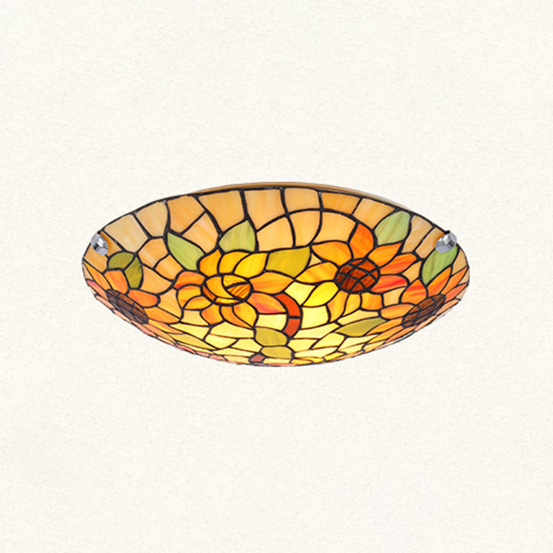 Flower&Leaf Pattern Tiffany Ceiling Light Stained Glass Shade Retro Mediterranean Style Flush Mount Lighting Fixtures for Restaurant Entrance Hall Clearhalo 'Ceiling Lights' 'Close To Ceiling Lights' 'Close to ceiling' 'Flush mount' Lighting' 2562446