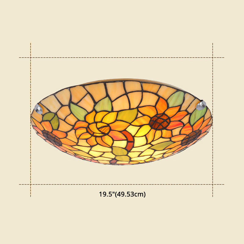 Flower&Leaf Pattern Tiffany Ceiling Light Stained Glass Shade Retro Mediterranean Style Flush Mount Lighting Fixtures for Restaurant Entrance Hall Clearhalo 'Ceiling Lights' 'Close To Ceiling Lights' 'Close to ceiling' 'Flush mount' Lighting' 2562448