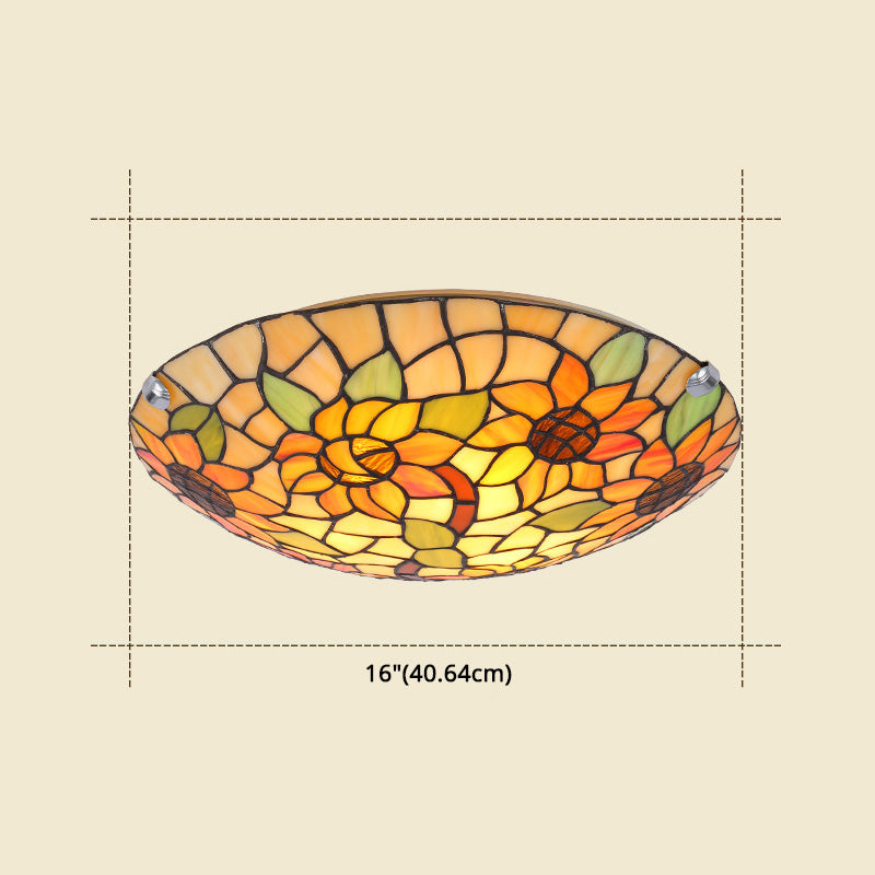 Flower&Leaf Pattern Tiffany Ceiling Light Stained Glass Shade Retro Mediterranean Style Flush Mount Lighting Fixtures for Restaurant Entrance Hall Clearhalo 'Ceiling Lights' 'Close To Ceiling Lights' 'Close to ceiling' 'Flush mount' Lighting' 2562449