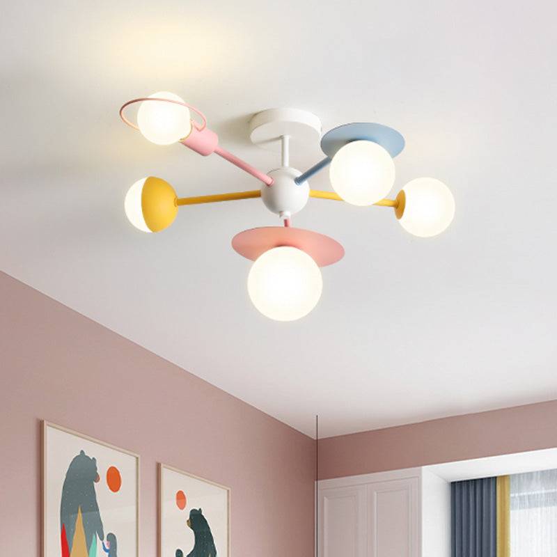 5-Light Macaroon Style Ceiling Light Northern Europe Iron Art Semi-flush Mount Lighting Fixture Lamp for Kindergarten Hallway Bedroom Clearhalo 'Ceiling Lights' 'Close To Ceiling Lights' 'Close to ceiling' 'Semi-flushmount' Lighting' 2562450