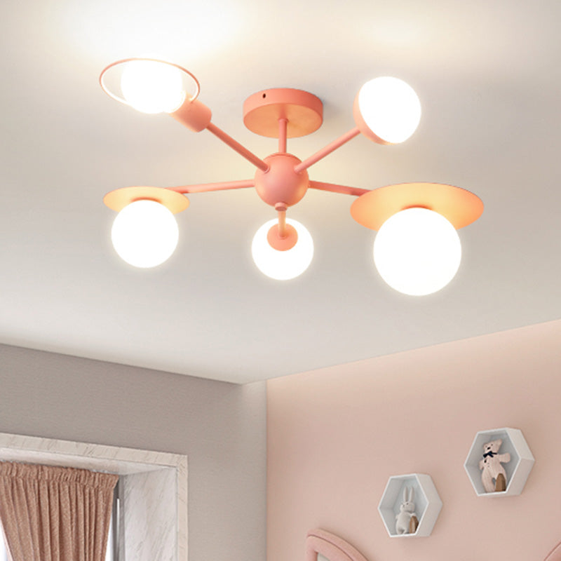 5-Light Macaroon Style Ceiling Light Northern Europe Iron Art Semi-flush Mount Lighting Fixture Lamp for Kindergarten Hallway Bedroom Pink Clearhalo 'Ceiling Lights' 'Close To Ceiling Lights' 'Close to ceiling' 'Semi-flushmount' Lighting' 2562454