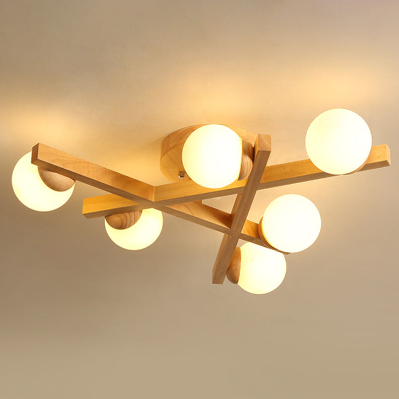 Wooden Crossed Lines Flush Mount Light Multi-bulbs Modern Wood Ceiling Light Fixture for Bedroom 6 Wood Clearhalo 'Ceiling Lights' 'Close To Ceiling Lights' 'Close to ceiling' 'Semi-flushmount' Lighting' 2562552