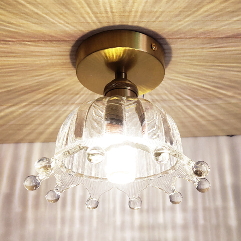 Retro Glass Ceiling Light Corridor Lighting Fixture with Brass Lamp Holder Brass Crown Clearhalo 'Ceiling Lights' 'Close To Ceiling Lights' 'Close to ceiling' 'Glass shade' 'Glass' 'Semi-flushmount' Lighting' 2562573