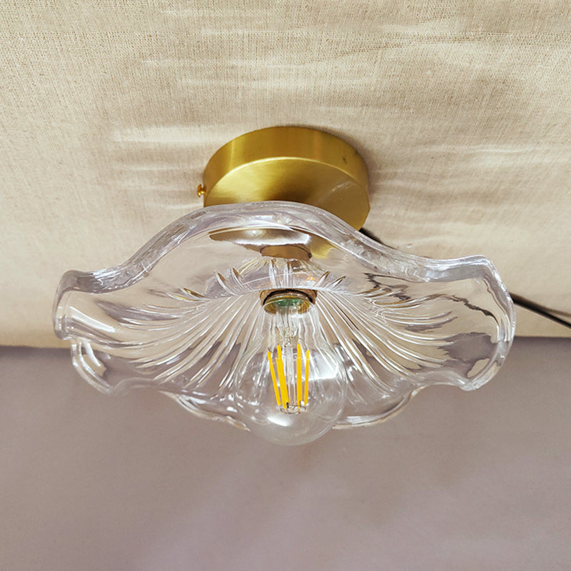 Retro Glass Ceiling Light Corridor Lighting Fixture with Brass Lamp Holder Brass Scalloped Clearhalo 'Ceiling Lights' 'Close To Ceiling Lights' 'Close to ceiling' 'Glass shade' 'Glass' 'Semi-flushmount' Lighting' 2562575