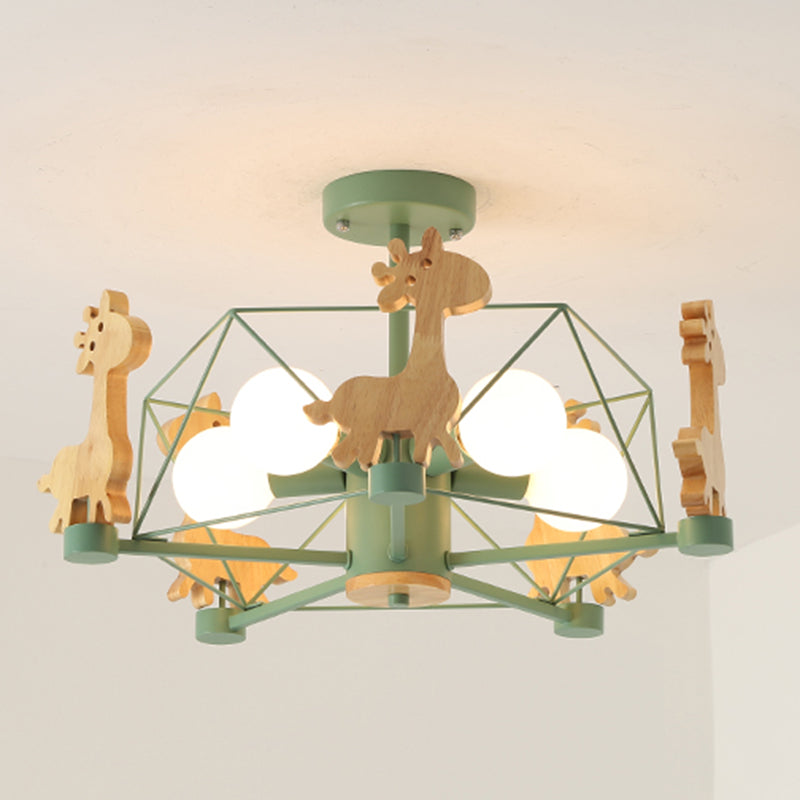 Wood Cartoon Giraffe Ceiling Light 5-lights Semi Flush Mount Light with Iron Frame Shade for Children Room Kindergarten Green Diamond Clearhalo 'Ceiling Lights' 'Close To Ceiling Lights' 'Close to ceiling' 'Semi-flushmount' Lighting' 2562643