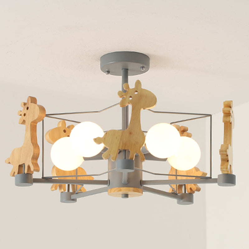 Wood Cartoon Giraffe Ceiling Light 5-lights Semi Flush Mount Light with Iron Frame Shade for Children Room Kindergarten Grey Star Clearhalo 'Ceiling Lights' 'Close To Ceiling Lights' 'Close to ceiling' 'Semi-flushmount' Lighting' 2562649