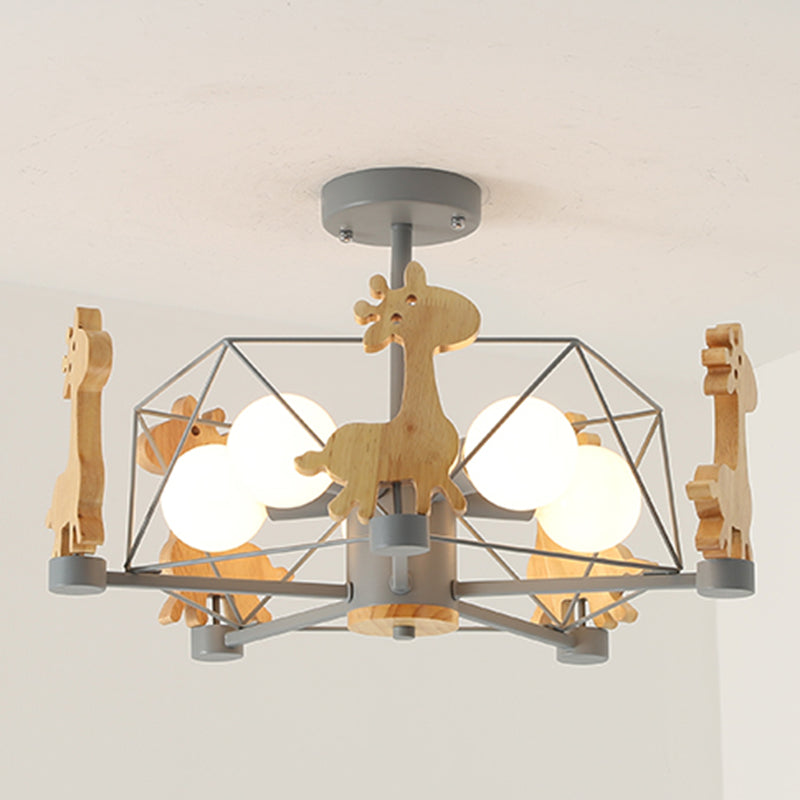 Wood Cartoon Giraffe Ceiling Light 5-lights Semi Flush Mount Light with Iron Frame Shade for Children Room Kindergarten Grey Diamond Clearhalo 'Ceiling Lights' 'Close To Ceiling Lights' 'Close to ceiling' 'Semi-flushmount' Lighting' 2562651