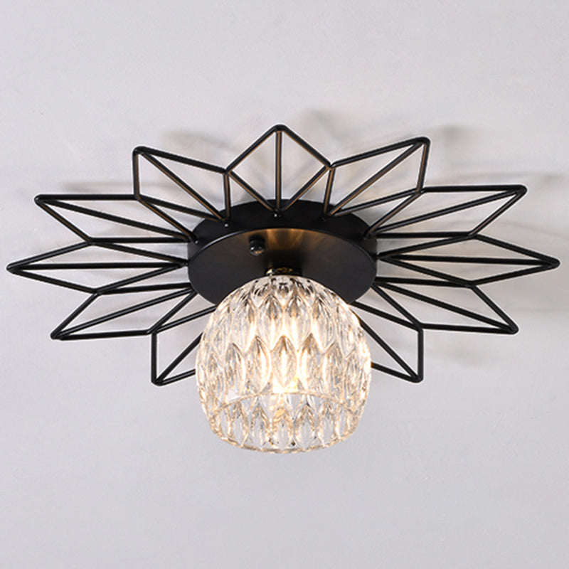 Transparent Round Semi Flush Mount Light Sunflower Iron Decoration Modern Glass Ceiling Light for Bedroom Black 14