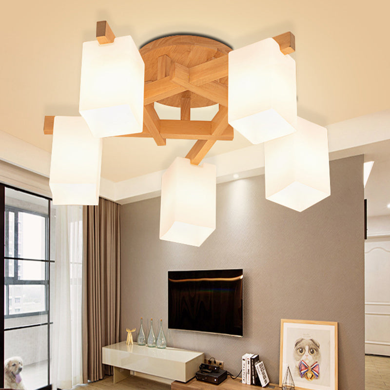 Wooden Branch Shape Ceiling Light Modern Flush Mount Light with Milky White Frosted Glass Shade Clearhalo 'Ceiling Lights' 'Close To Ceiling Lights' 'Close to ceiling' 'Semi-flushmount' Lighting' 2562757