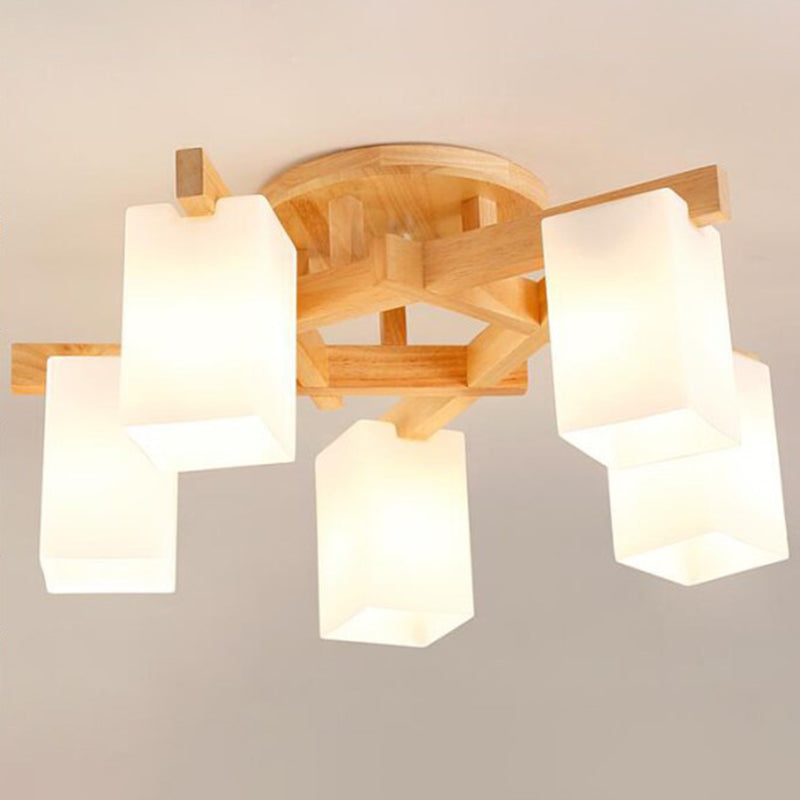 Wooden Branch Shape Ceiling Light Modern Flush Mount Light with Milky White Frosted Glass Shade 5 Wood Clearhalo 'Ceiling Lights' 'Close To Ceiling Lights' 'Close to ceiling' 'Semi-flushmount' Lighting' 2562761