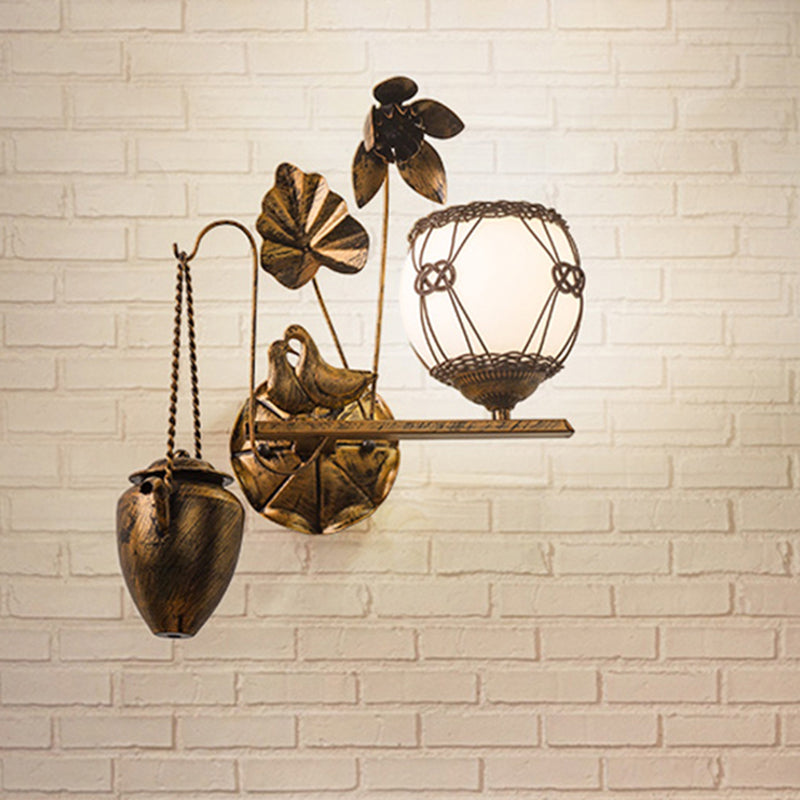 Milky Glass Antique Brass Sconce Lamp Orb 1-Light Country Style Wall Mount Lighting for Dining Room Clearhalo 'Wall Lamps & Sconces' 'Wall Lights' Lighting' 256551