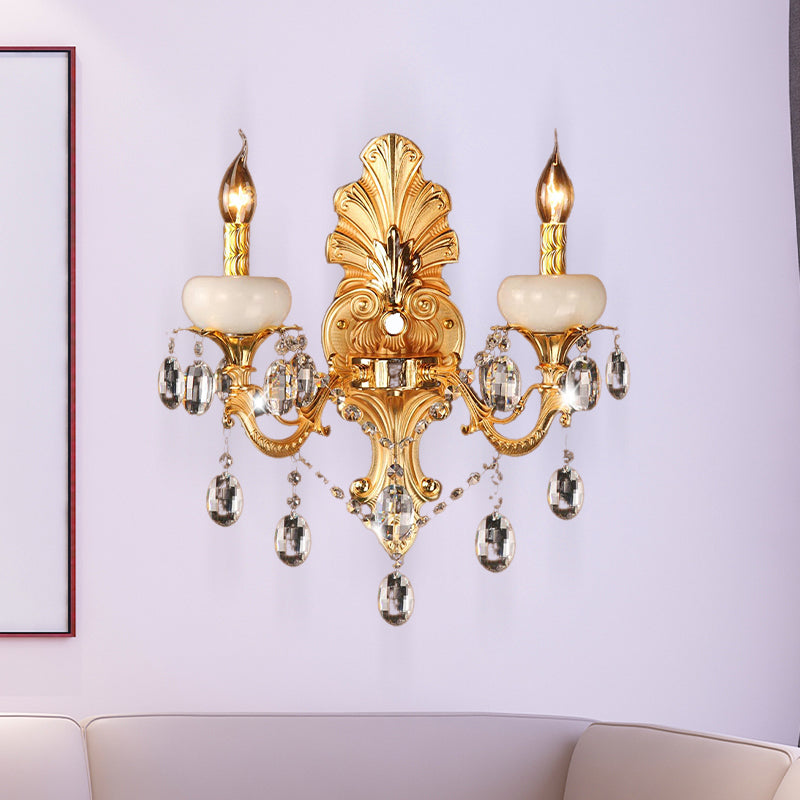 Gold Candle Sconce Light Traditional Metal 2 Heads Living Room Wall Mount Light with Crystal Drop Clearhalo 'Wall Lamps & Sconces' 'Wall Lights' Lighting' 256634