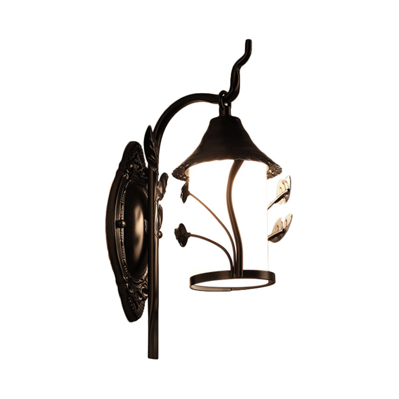 Flower/Leaf/Metal Frame Corridor Wall Lamp Country Style Milky Glass 1 Light Black Sconce Light Fixture Clearhalo 'Wall Lamps & Sconces' 'Wall Lights' Lighting' 256651