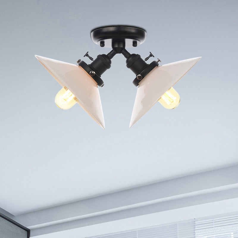 Warehouse Style Flared Semi Mount Lighting Iron 2 Bulbs Indoor Semi Flush Ceiling Light in Black/Bronze Black Clearhalo 'Ceiling Lights' 'Close To Ceiling Lights' 'Close to ceiling' 'Semi-flushmount' Lighting' 256733