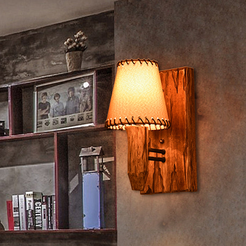 Vintage Tapered Sconce Light 1/2 Lights Fabric Wall Mounted Lighting in Wood for Dining Room Clearhalo 'Wall Lamps & Sconces' 'Wall Lights' Lighting' 256804