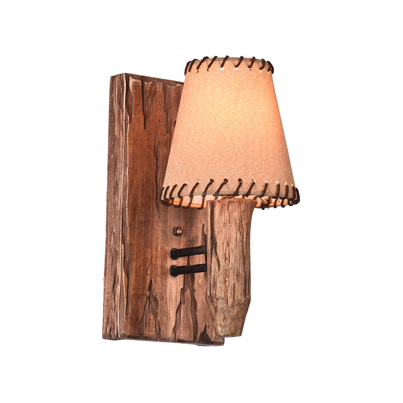 Vintage Tapered Sconce Light 1/2 Lights Fabric Wall Mounted Lighting in Wood for Dining Room Clearhalo 'Wall Lamps & Sconces' 'Wall Lights' Lighting' 256805