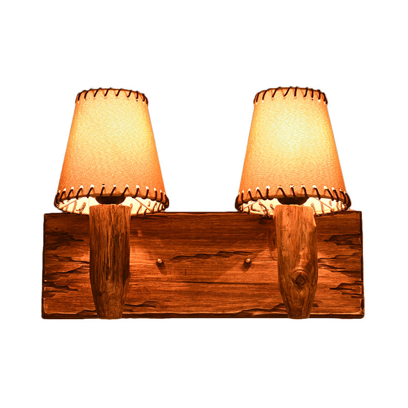 Vintage Tapered Sconce Light 1/2 Lights Fabric Wall Mounted Lighting in Wood for Dining Room Clearhalo 'Wall Lamps & Sconces' 'Wall Lights' Lighting' 256809