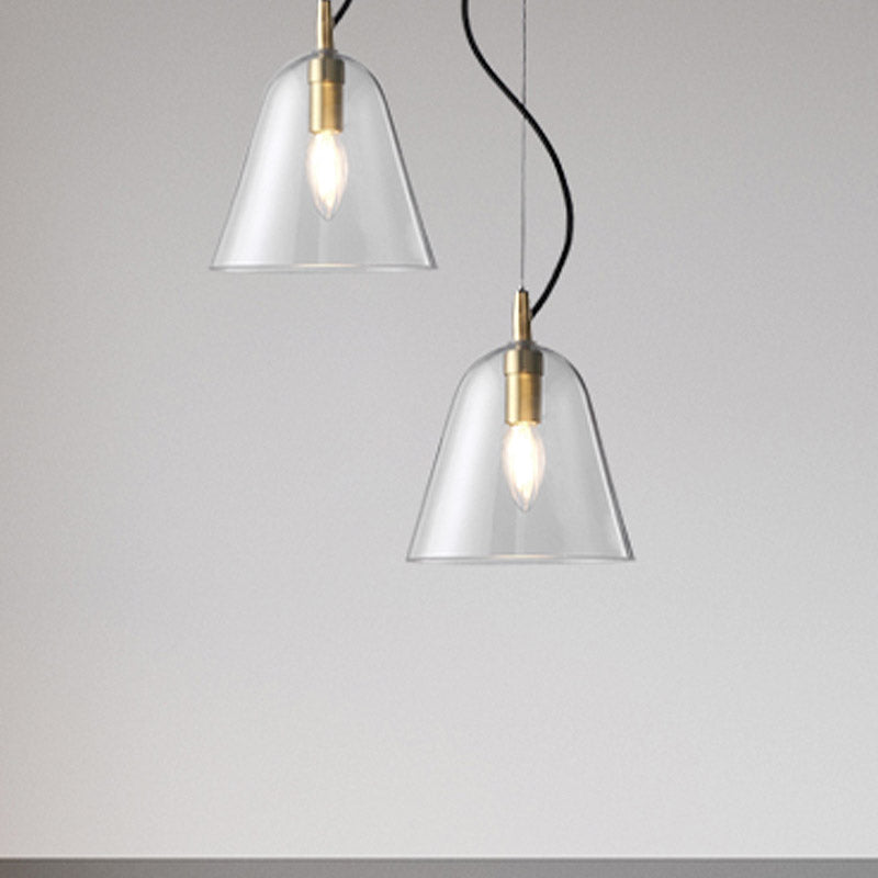 Postmodern Bell Pendant Light Clear Glass 1 Head Bathroom Hanging Lamp Kit in Brass Clearhalo 'Ceiling Lights' 'Glass shade' 'Glass' 'Modern Pendants' 'Modern' 'Pendant Lights' 'Pendants' Lighting' 256953