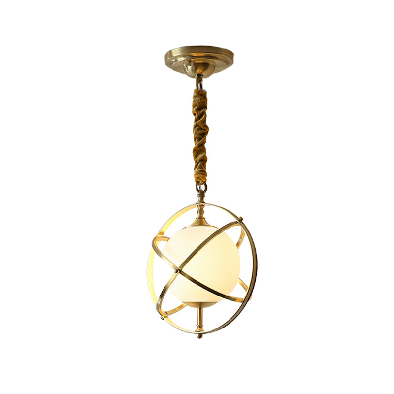 Brass Orbit Pendant Lighting Fixture Postmodern 1 Head Metal Hanging Light with White Glass Shade Clearhalo 'Ceiling Lights' 'Glass shade' 'Glass' 'Modern Pendants' 'Modern' 'Pendant Lights' 'Pendants' Lighting' 257113