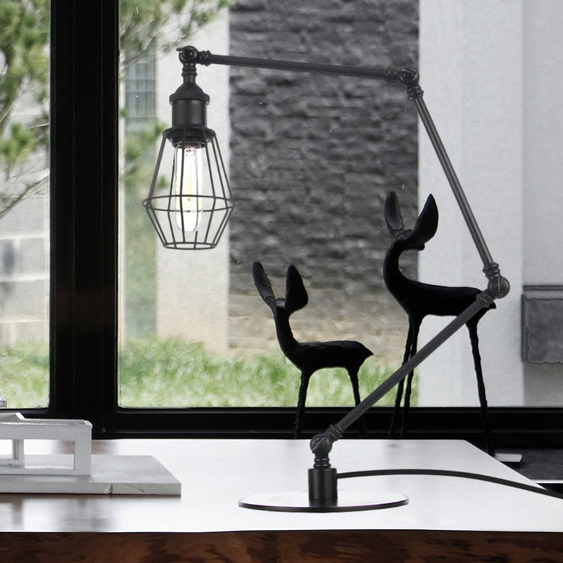 Wire Frame Table Lighting Industrial Style Metal 1 Light Black/Brass Finish Table Lamp with Adjustable Arm Black B Clearhalo 'Lamps' 'Table Lamps' Lighting' 257213