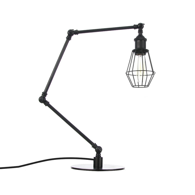 Wire Frame Table Lighting Industrial Style Metal 1 Light Black/Brass Finish Table Lamp with Adjustable Arm Clearhalo 'Lamps' 'Table Lamps' Lighting' 257216