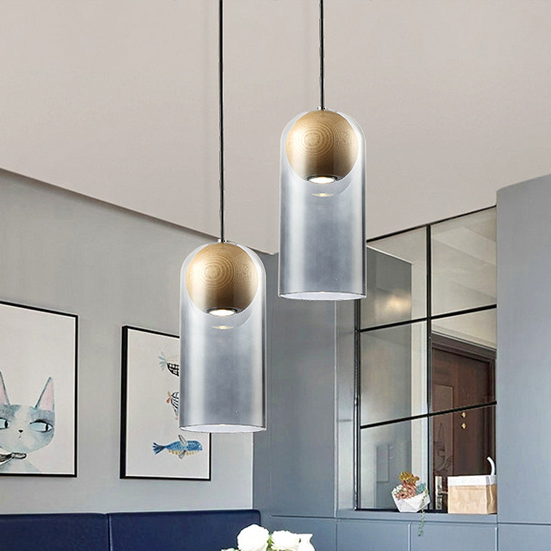 Cylinder Pendant Light Fixture Modern Smoke Gray Glass Dining Room Hanging Light with Globe Wood Shade Inside Clearhalo 'Ceiling Lights' 'Glass shade' 'Glass' 'Modern Pendants' 'Modern' 'Pendant Lights' 'Pendants' Lighting' 257221