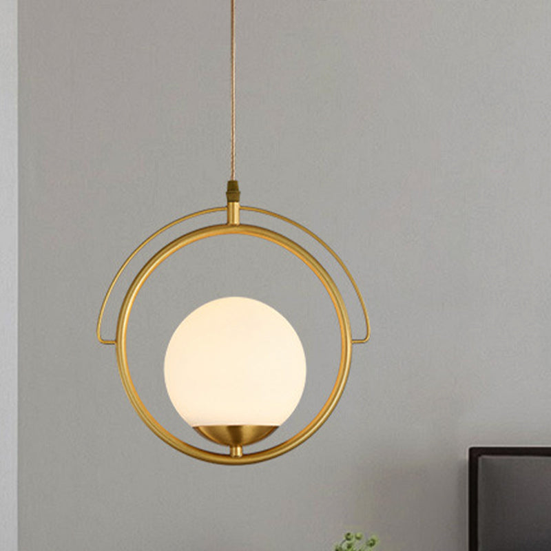 Brass Ring Hanging Ceiling Light Postmodern 1 Head Metal Pendant Lamp with Globe White Glass Shade Clearhalo 'Ceiling Lights' 'Glass shade' 'Glass' 'Modern Pendants' 'Modern' 'Pendant Lights' 'Pendants' Lighting' 257247