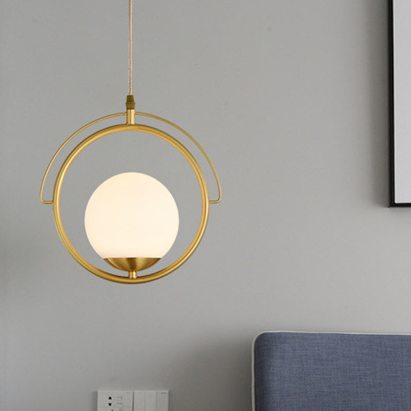 Brass Ring Hanging Ceiling Light Postmodern 1 Head Metal Pendant Lamp with Globe White Glass Shade Clearhalo 'Ceiling Lights' 'Glass shade' 'Glass' 'Modern Pendants' 'Modern' 'Pendant Lights' 'Pendants' Lighting' 257249