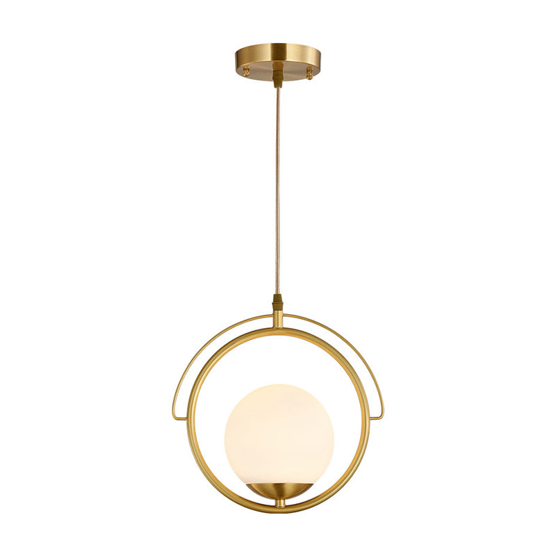 Brass Ring Hanging Ceiling Light Postmodern 1 Head Metal Pendant Lamp with Globe White Glass Shade Clearhalo 'Ceiling Lights' 'Glass shade' 'Glass' 'Modern Pendants' 'Modern' 'Pendant Lights' 'Pendants' Lighting' 257251