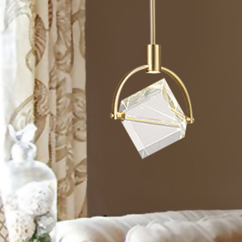 Clear Glass Cubic Hanging Lamp Kit Contemporary Gold Pendant Ceiling Light for Bedroom Clearhalo 'Ceiling Lights' 'Glass shade' 'Glass' 'Modern Pendants' 'Modern' 'Pendant Lights' 'Pendants' Lighting' 257265