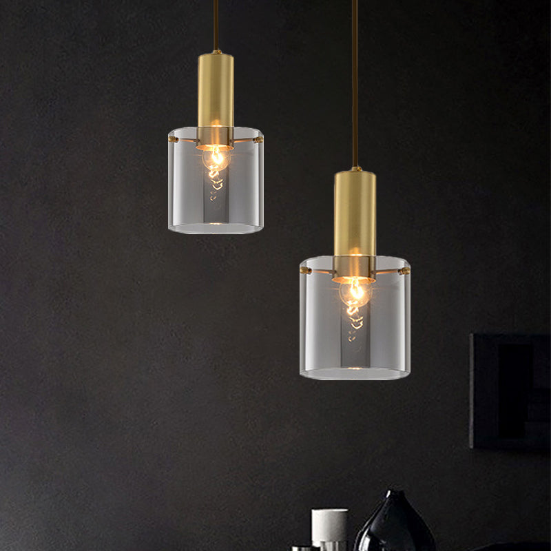 Cylinder Pendant Light Modern Clear Glass 1 Head Brass Hanging Ceiling Light for Dining Room Clearhalo 'Ceiling Lights' 'Glass shade' 'Glass' 'Modern Pendants' 'Modern' 'Pendant Lights' 'Pendants' Lighting' 257272