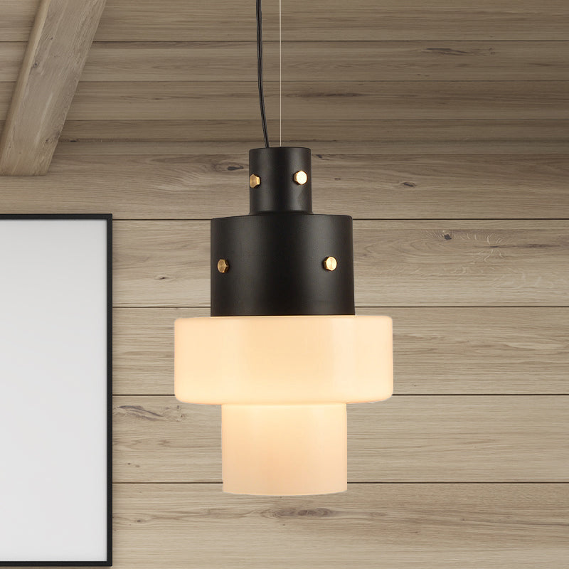 White Glass Cylinder Hanging Ceiling Light Rustic 1 Head Black Pendant Light for Living Room Clearhalo 'Ceiling Lights' 'Glass shade' 'Glass' 'Modern Pendants' 'Modern' 'Pendant Lights' 'Pendants' Lighting' 257310