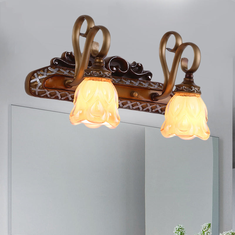 Tan Textured Glass Iron Sconce Flared 1/2 Lights Traditional Wall Mounted Vanity Light Clearhalo 'Vanity Lights' 'Wall Lights' Lighting' 257375