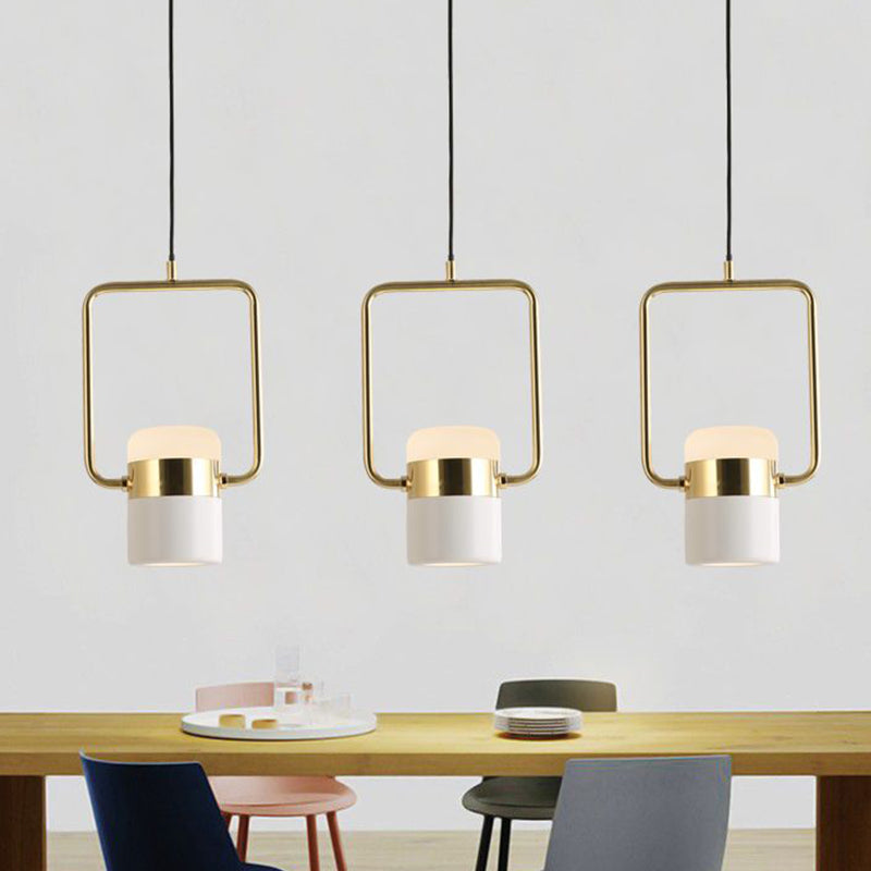 Square Frame Pendant Ceiling Light Modern Metal 1 Head Gold Hanging Light Kit with Cylinder White Glass Shade Clearhalo 'Ceiling Lights' 'Modern Pendants' 'Modern' 'Pendant Lights' 'Pendants' Lighting' 257381