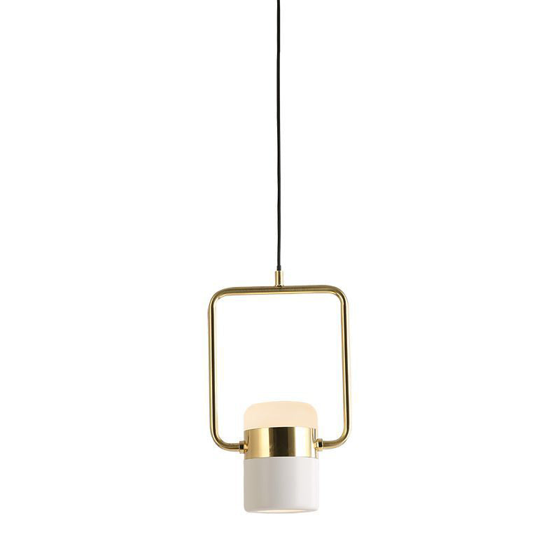 Square Frame Pendant Ceiling Light Modern Metal 1 Head Gold Hanging Light Kit with Cylinder White Glass Shade Clearhalo 'Ceiling Lights' 'Modern Pendants' 'Modern' 'Pendant Lights' 'Pendants' Lighting' 257382