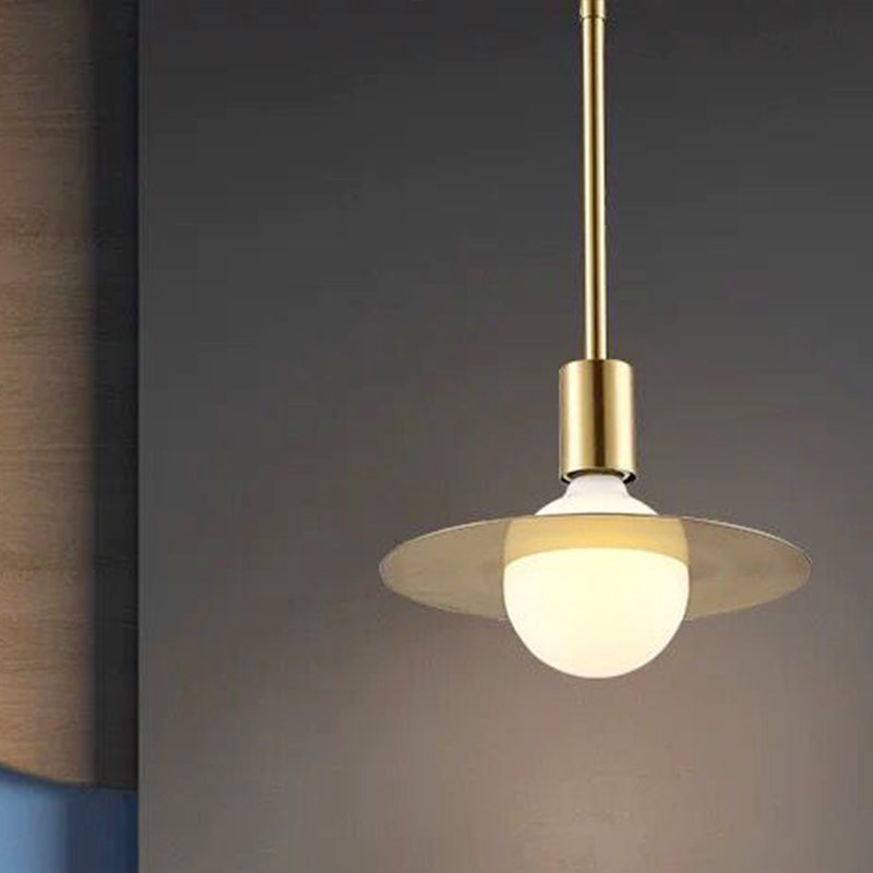 Postmodern Orbit Pendant Lamp White Glass 1 Head Hanging Light Kit with Gold Disc Metal Shade Clearhalo 'Ceiling Lights' 'Glass shade' 'Glass' 'Modern Pendants' 'Modern' 'Pendant Lights' 'Pendants' Lighting' 257433