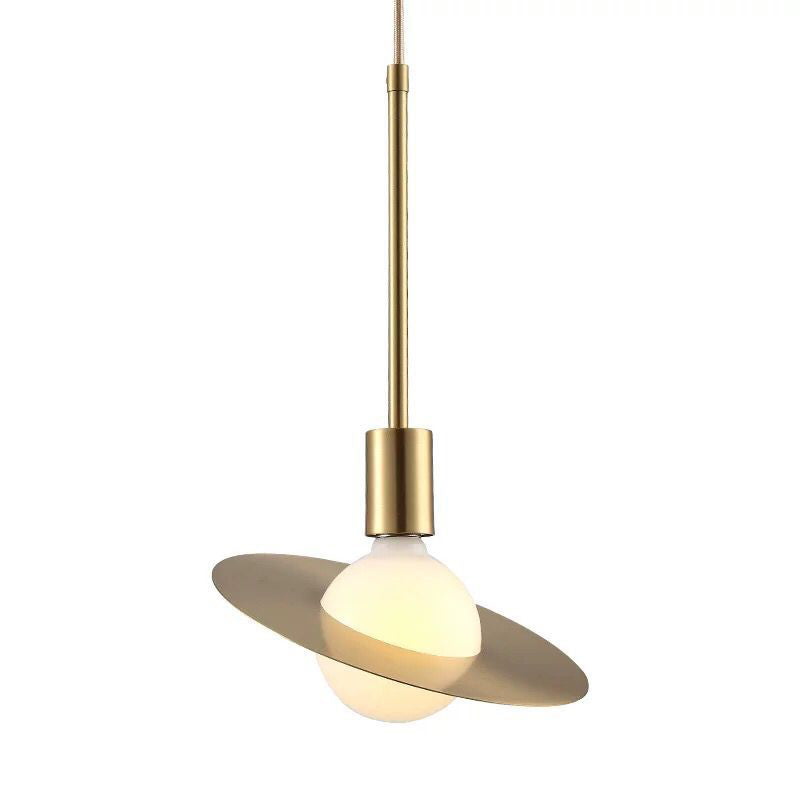 Postmodern Orbit Pendant Lamp White Glass 1 Head Hanging Light Kit with Gold Disc Metal Shade Clearhalo 'Ceiling Lights' 'Glass shade' 'Glass' 'Modern Pendants' 'Modern' 'Pendant Lights' 'Pendants' Lighting' 257436