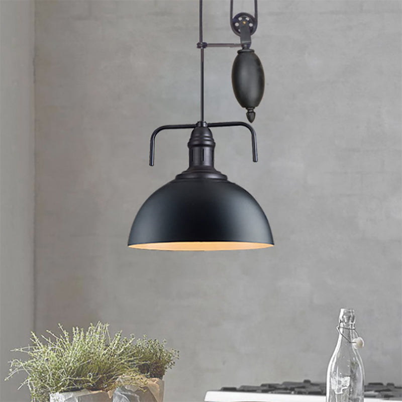 Black Dome Hanging Lighting Warehouse Style 1 Light Metallic Pendant Light Fixture with Pulley Design, 8