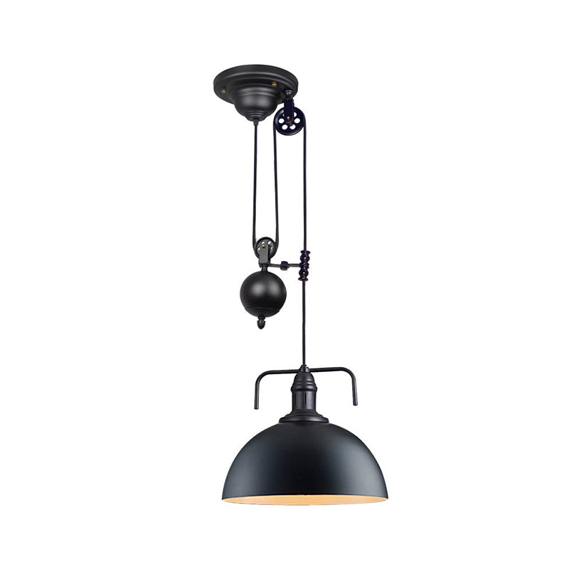 Black Dome Hanging Lighting Warehouse Style 1 Light Metallic Pendant Light Fixture with Pulley Design, 8