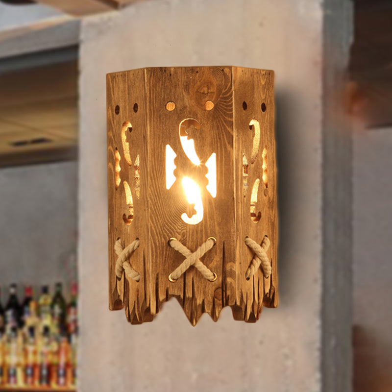 Wood Cylinder Shade Wall Lamp Country Stylish 1 Head Brown Wall Sconce Fixture for Restaurant Wood Clearhalo 'Industrial wall lights' 'Industrial' 'Middle century wall lights' 'Rustic wall lights' 'Tiffany' 'Wall Lamps & Sconces' 'Wall Lights' Lighting' 257769