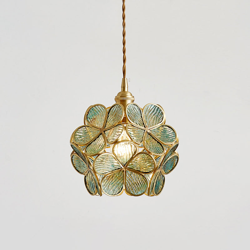 1 Light Flower Hanging Ceiling Light Nordic Style Metallic Down Lighting Pendant for Restaurant Blue Clearhalo 'Ceiling Lights' 'Glass shade' 'Glass' 'Pendant Lights' 'Pendants' Lighting' 2579162