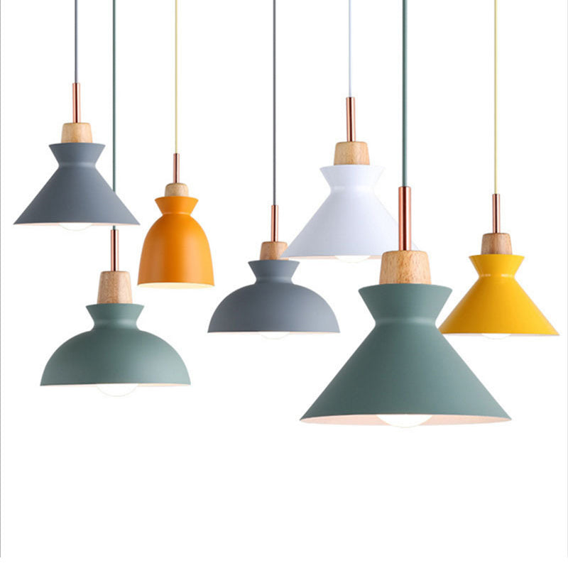 Modern Minimalist Wooden Top Pendant Light Metal Colorful Macarons 1-Light Pendant Lighting Clearhalo 'Ceiling Lights' 'Pendant Lights' 'Pendants' Lighting' options 2579396