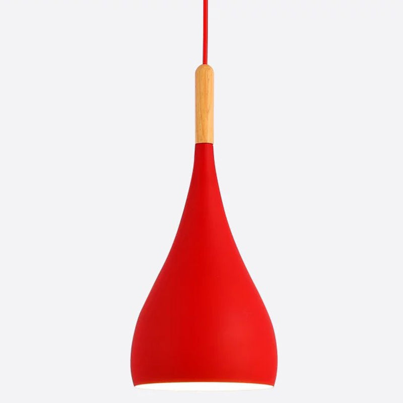 Metal Teardrop Hanging Light Nordic Style 1 Light Restaurant Ceiling Pendant Lamp with Wooden Top Red 6.5