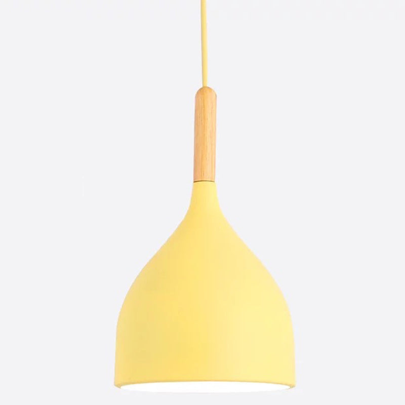 Metal Teardrop Hanging Light Nordic Style 1 Light Restaurant Ceiling Pendant Lamp with Wooden Top Yellow 7