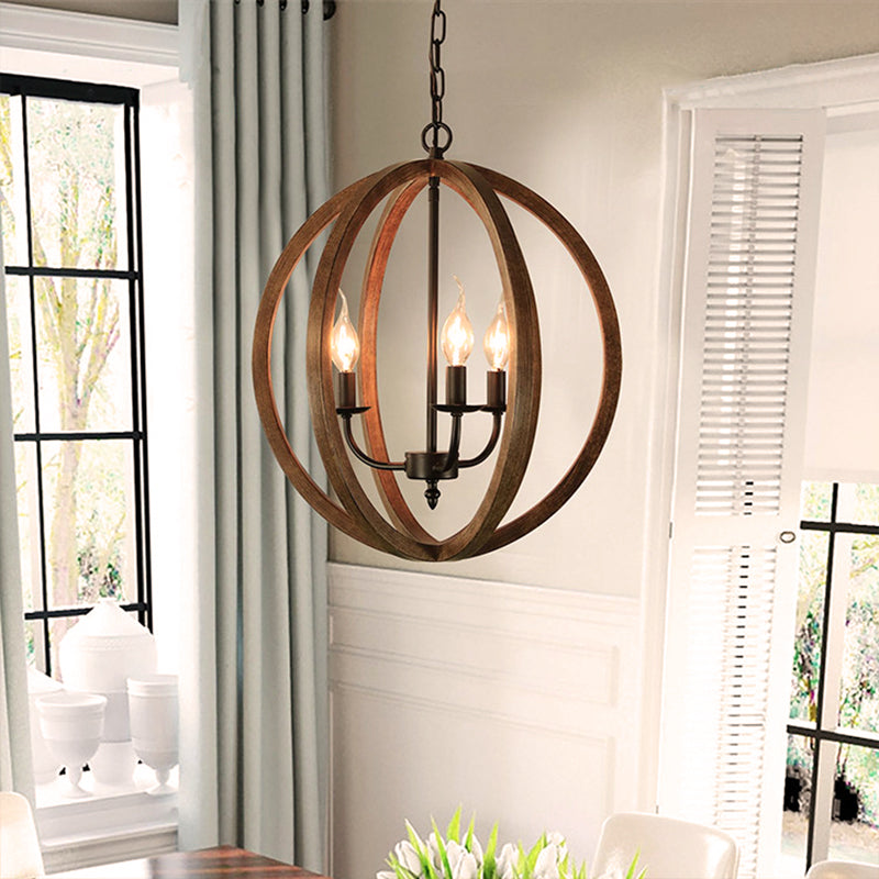 Wooden Spherical Hanging Fixture Loft Industrial 3 Lights Chandelier Pendant Light in Brown for Dining Room Clearhalo 'Carpenter Chandeliers' 'Ceiling Lights' 'Chandeliers' 'Industrial Chandeliers' 'Industrial' 'Middle Century Chandeliers' 'Modern' 'Tiffany' Lighting' 257990