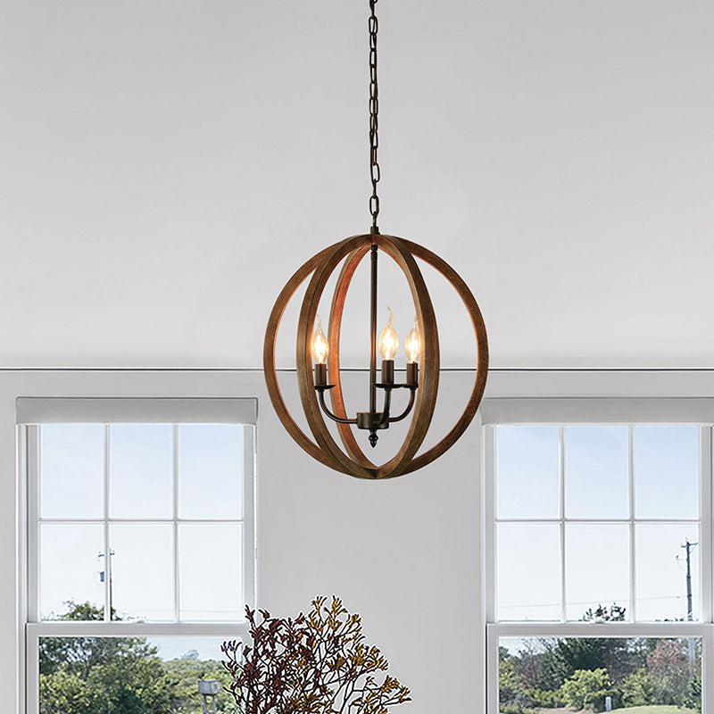 Wooden Spherical Hanging Fixture Loft Industrial 3 Lights Chandelier Pendant Light in Brown for Dining Room Clearhalo 'Carpenter Chandeliers' 'Ceiling Lights' 'Chandeliers' 'Industrial Chandeliers' 'Industrial' 'Middle Century Chandeliers' 'Modern' 'Tiffany' Lighting' 257992