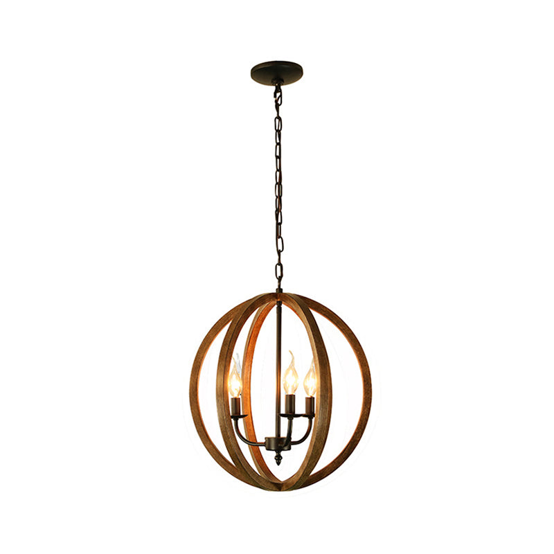 Wooden Spherical Hanging Fixture Loft Industrial 3 Lights Chandelier Pendant Light in Brown for Dining Room Clearhalo 'Carpenter Chandeliers' 'Ceiling Lights' 'Chandeliers' 'Industrial Chandeliers' 'Industrial' 'Middle Century Chandeliers' 'Modern' 'Tiffany' Lighting' 257993